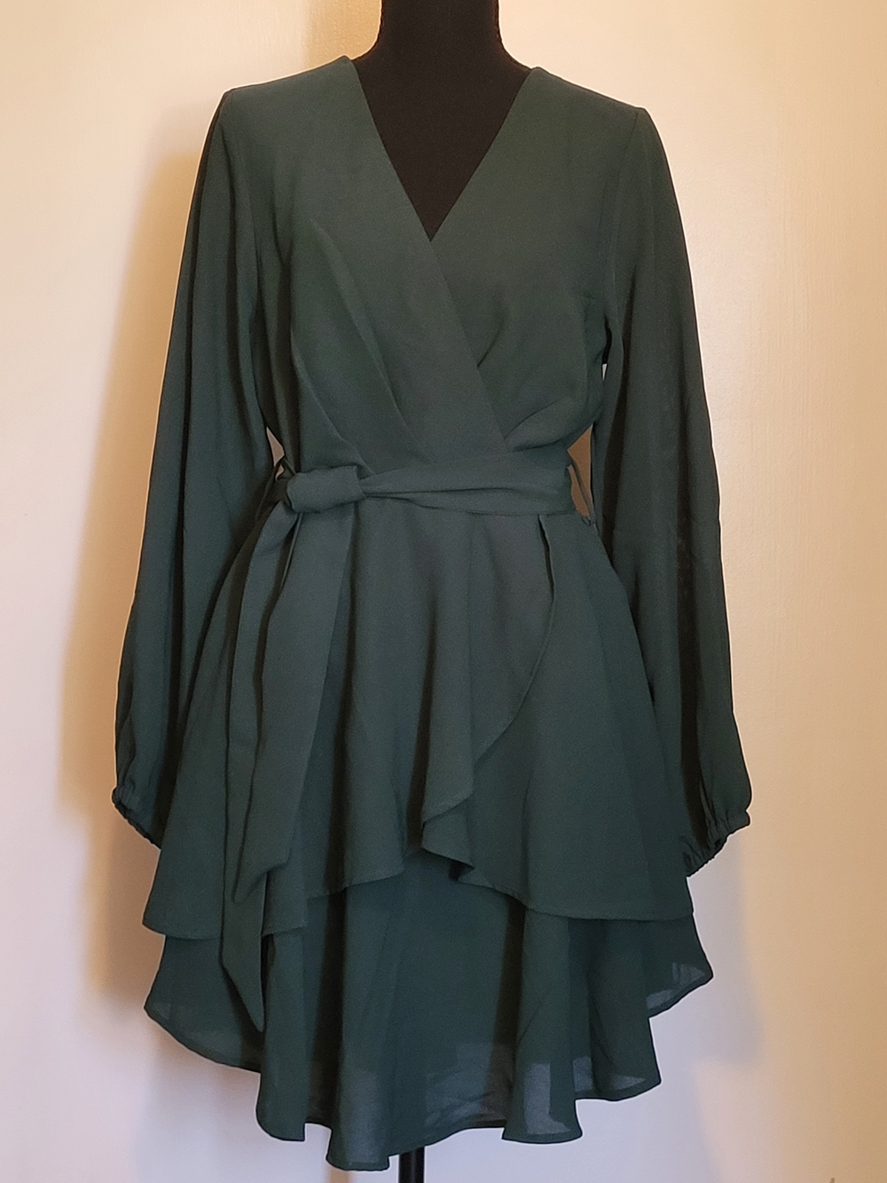 Long Sleeve Dark Green Wrap Ruffle Dress with Tie Waist